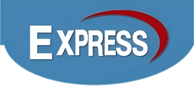 Logo of "express" featuring white text against a blue oval background with a red swoosh above the lettering.
